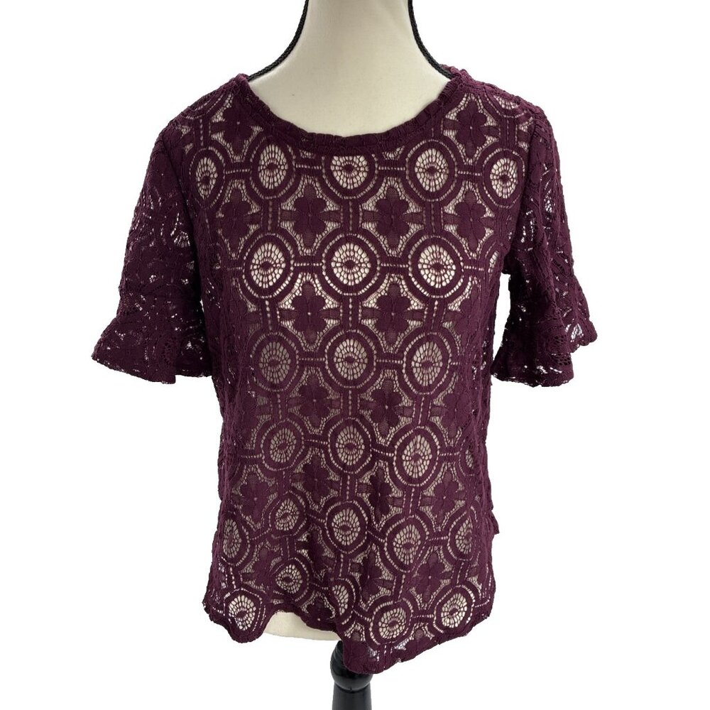 LOFT Womens Lace Blouse Top Purple Short Sleeve Boho Romantic XS